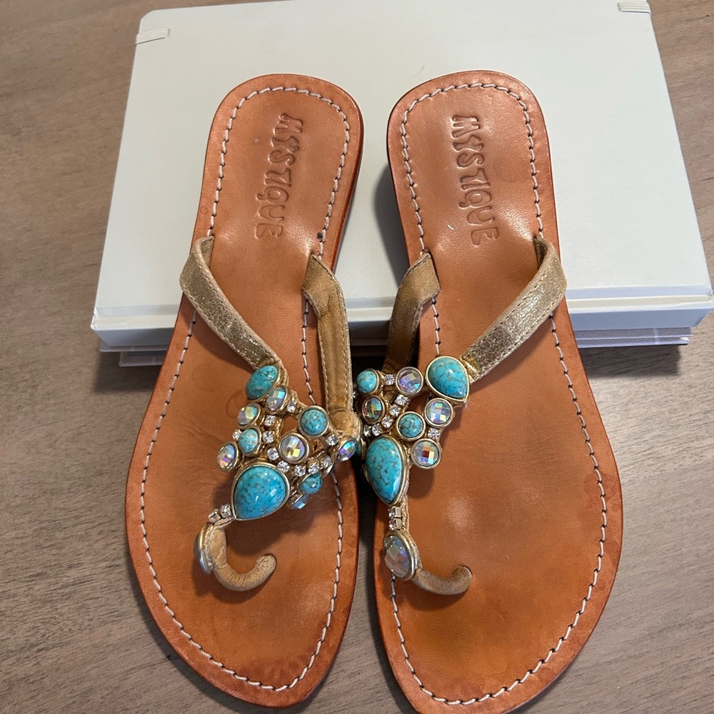 Mystique Boutique Turquoise and Gold Embellished Sandals - Picture 2 of 4